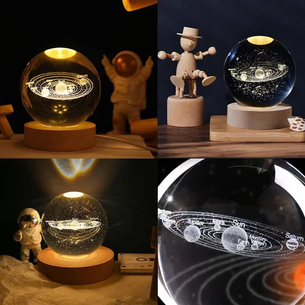 3D Galaxy Crystal Ball Night Light – Moon, Planet & Astronaut USB Lamp