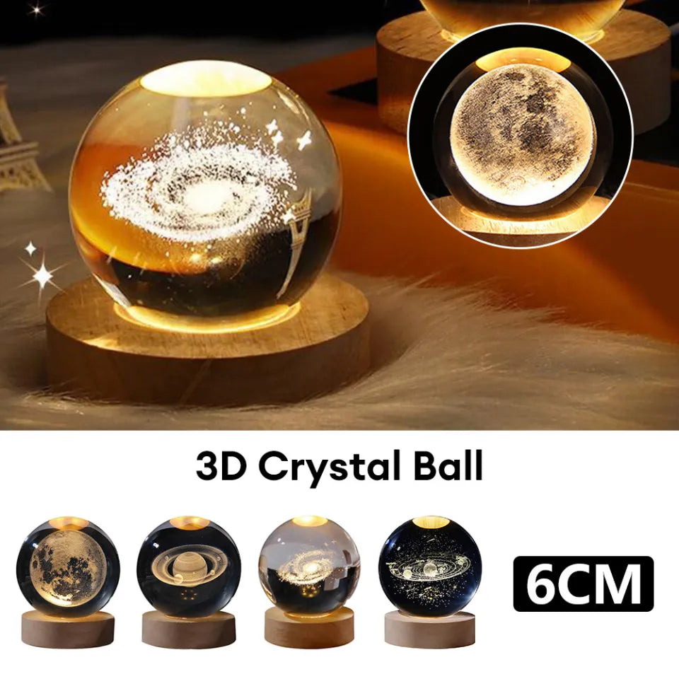 3D Galaxy Crystal Ball Night Light – Moon, Planet & Astronaut USB Lamp