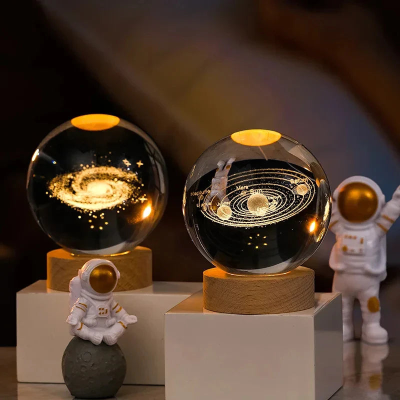 3D Galaxy Crystal Ball Night Light – Moon, Planet & Astronaut USB Lamp